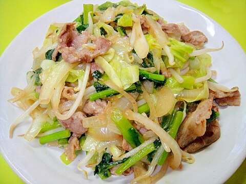 もやしとキャベツ菜の花豚肉の塩麹炒め